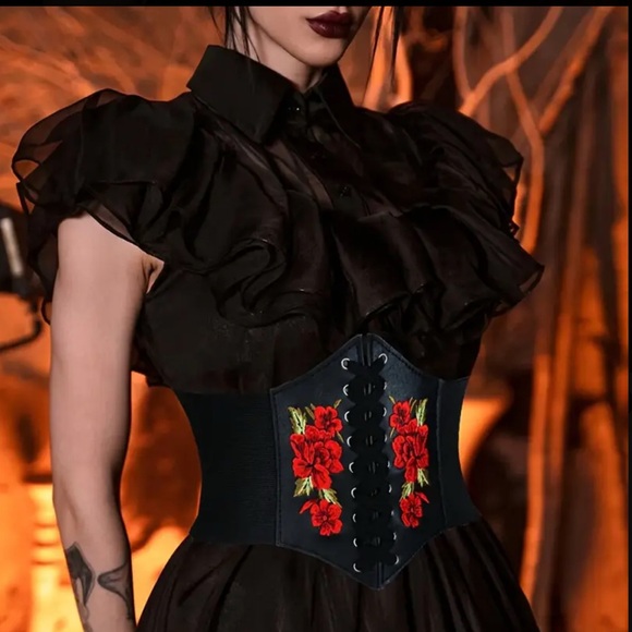 SGC619 Accessories - New rose embroidered faux leather elastic stretch belt waist cinch